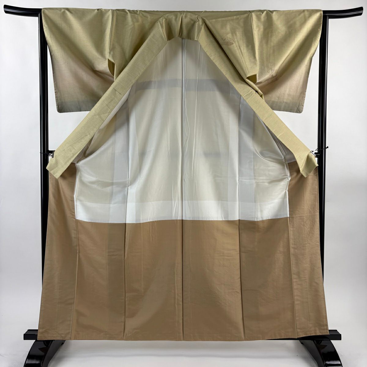 【美品】 付下 身長163cm 袖長64cm M 雙層 大島紬織地 證書齊全 扇子面 草花紋刺繡 淡黃土 純蠶絲 名品級