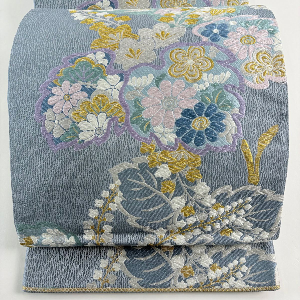 袋帶 名品級 附落款 桐 松樹竹子梅花 唐織 金絲 青灰 六通 純蠶絲
