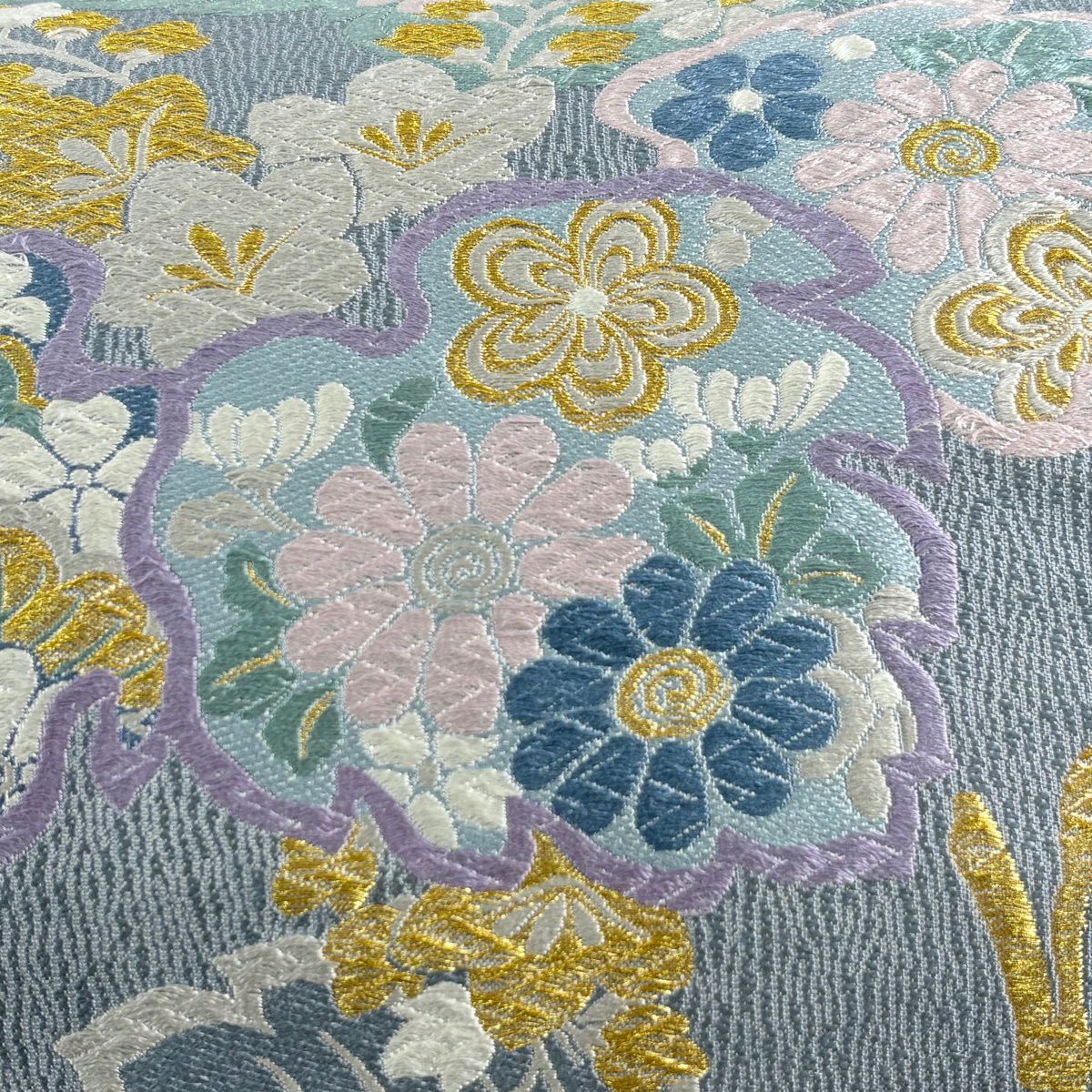 袋帶 名品級 附落款 桐 松樹竹子梅花 唐織 金絲 青灰 六通 純蠶絲