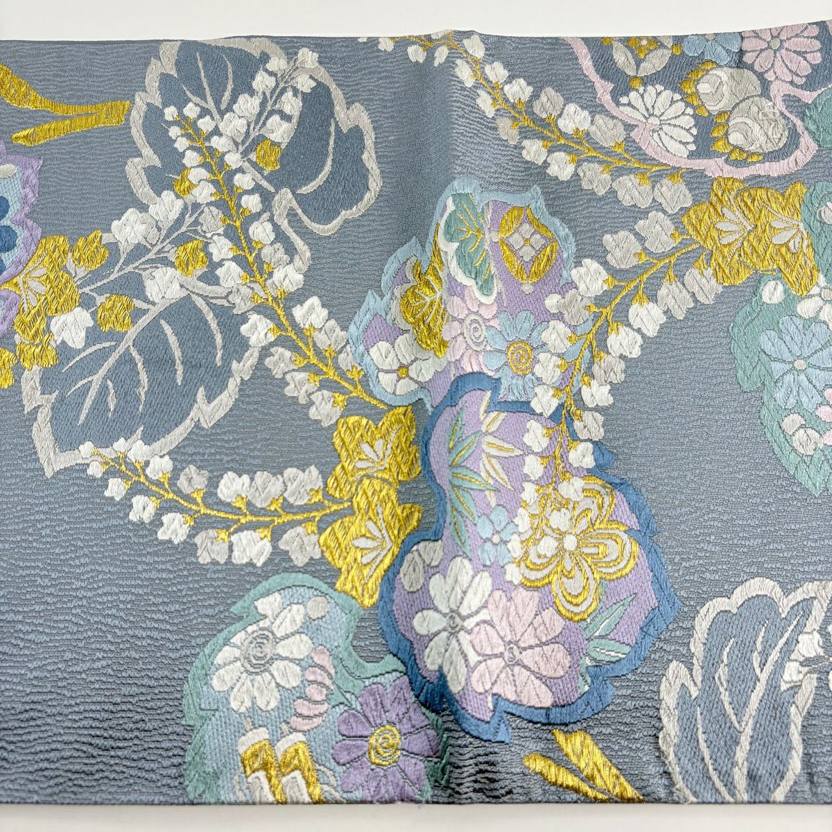 袋帶 名品級 附落款 桐 松樹竹子梅花 唐織 金絲 青灰 六通 純蠶絲