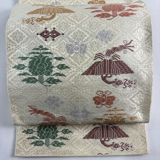 袋帶 名品級 關西仕立 鳥 草花紋紋 唐織 奶油色 六通 純蠶絲