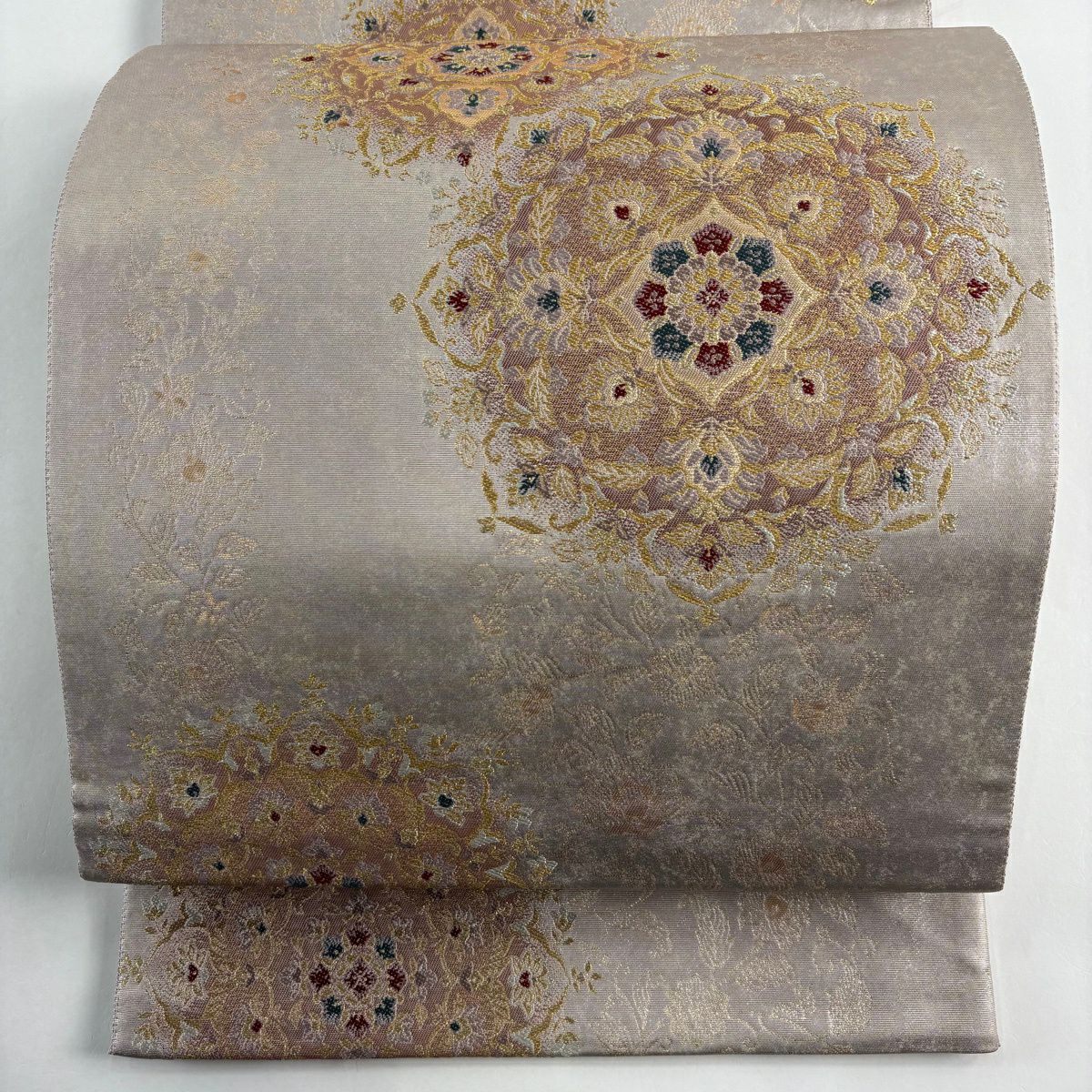 【美品】 袋帶 名品級 華紋 草花紋紋 金金箔 金線 灰紫 六通 純蠶絲