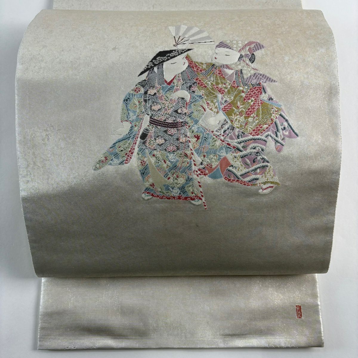 袋帶 名品級 附落款 關西仕立 雪銀錦 長島成織物 由水十久監修 童 桧扇子 金金箔 刺繡 銀色 大鼓圖案 純蠶絲