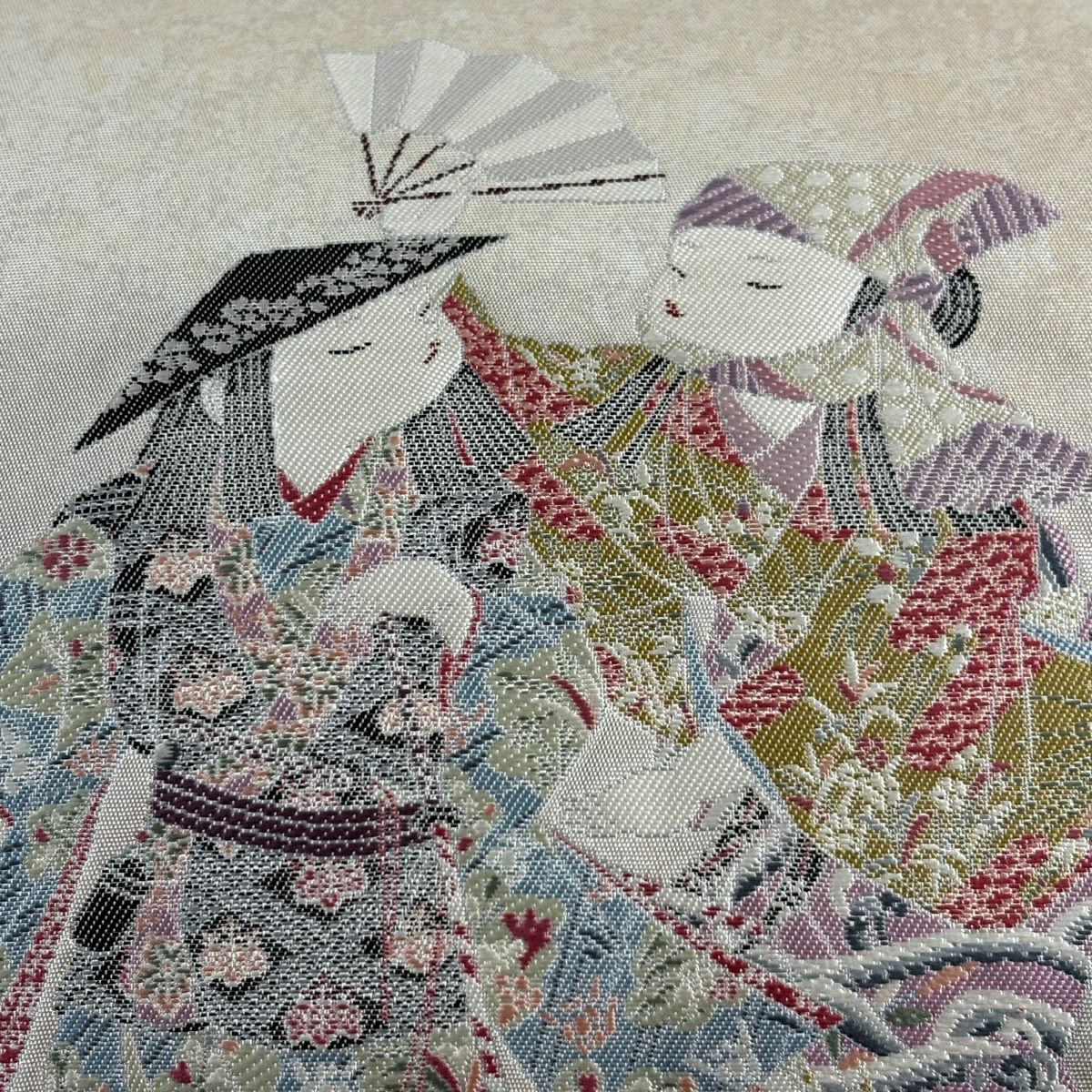 袋帶 名品級 附落款 關西仕立 雪銀錦 長島成織物 由水十久監修 童 桧扇子 金金箔 刺繡 銀色 大鼓圖案 純蠶絲