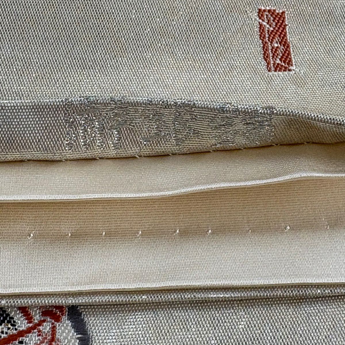 袋帶 名品級 附落款 關西仕立 雪銀錦 長島成織物 由水十久監修 童 桧扇子 金金箔 刺繡 銀色 大鼓圖案 純蠶絲
