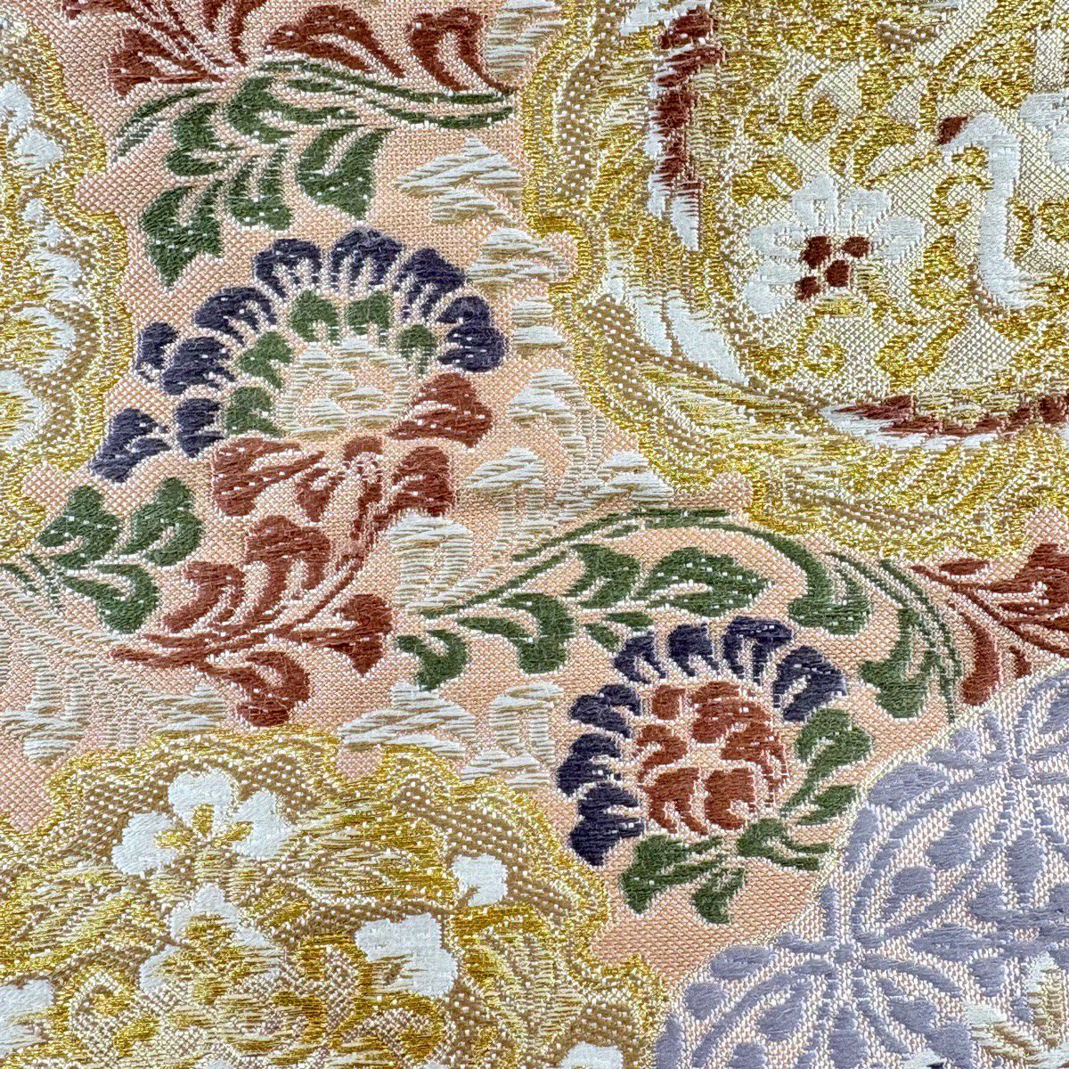袋帶 名品級 華紋 蜀江文 金絲 金金箔 米色 全通 純蠶絲