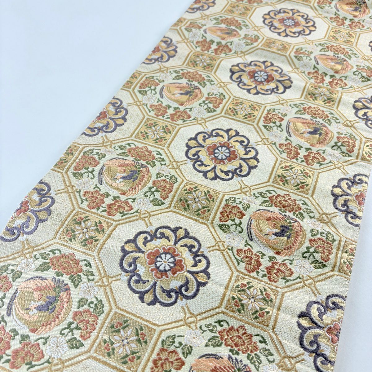 袋帶 名品級 華紋 蜀江文 金絲 金金箔 米色 全通 純蠶絲
