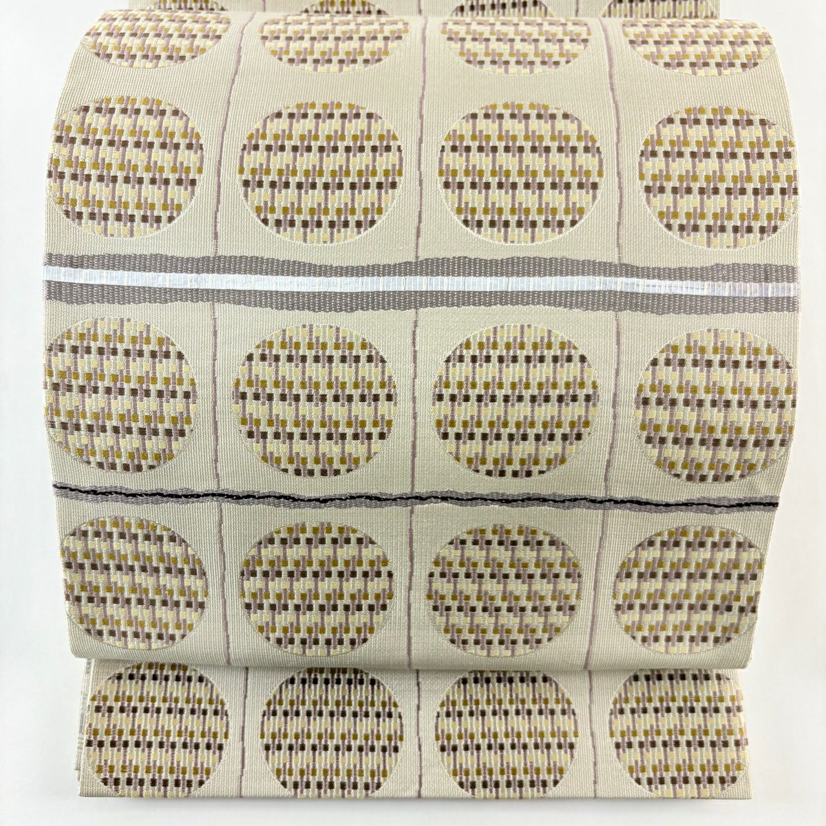 【美品】 袋帶 名品級 圓文 格子 灰茶 六通 純蠶絲