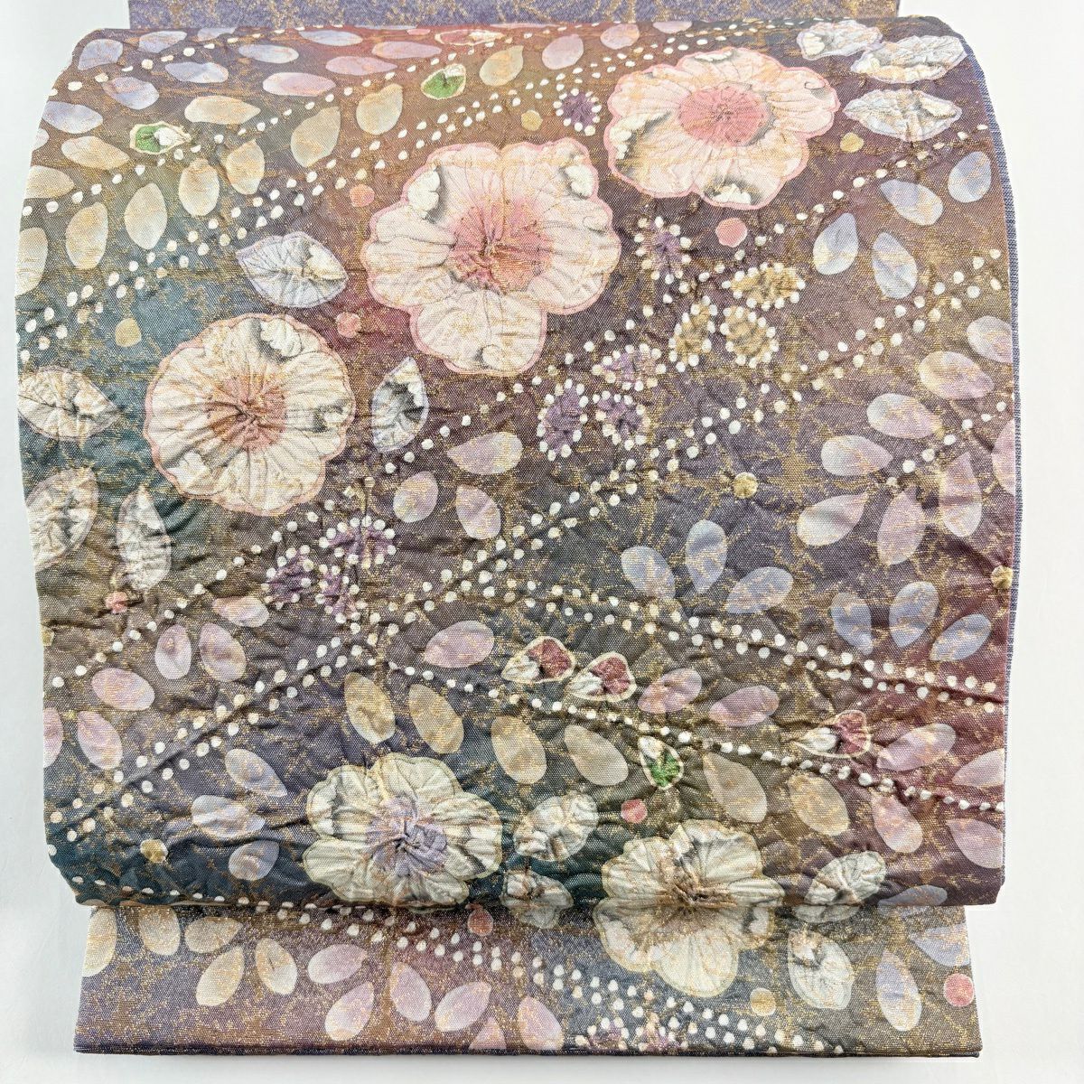 【美品】 袋帶 名品級 辻花染 格子 金金箔 紫 お太鼓柄 純蠶絲