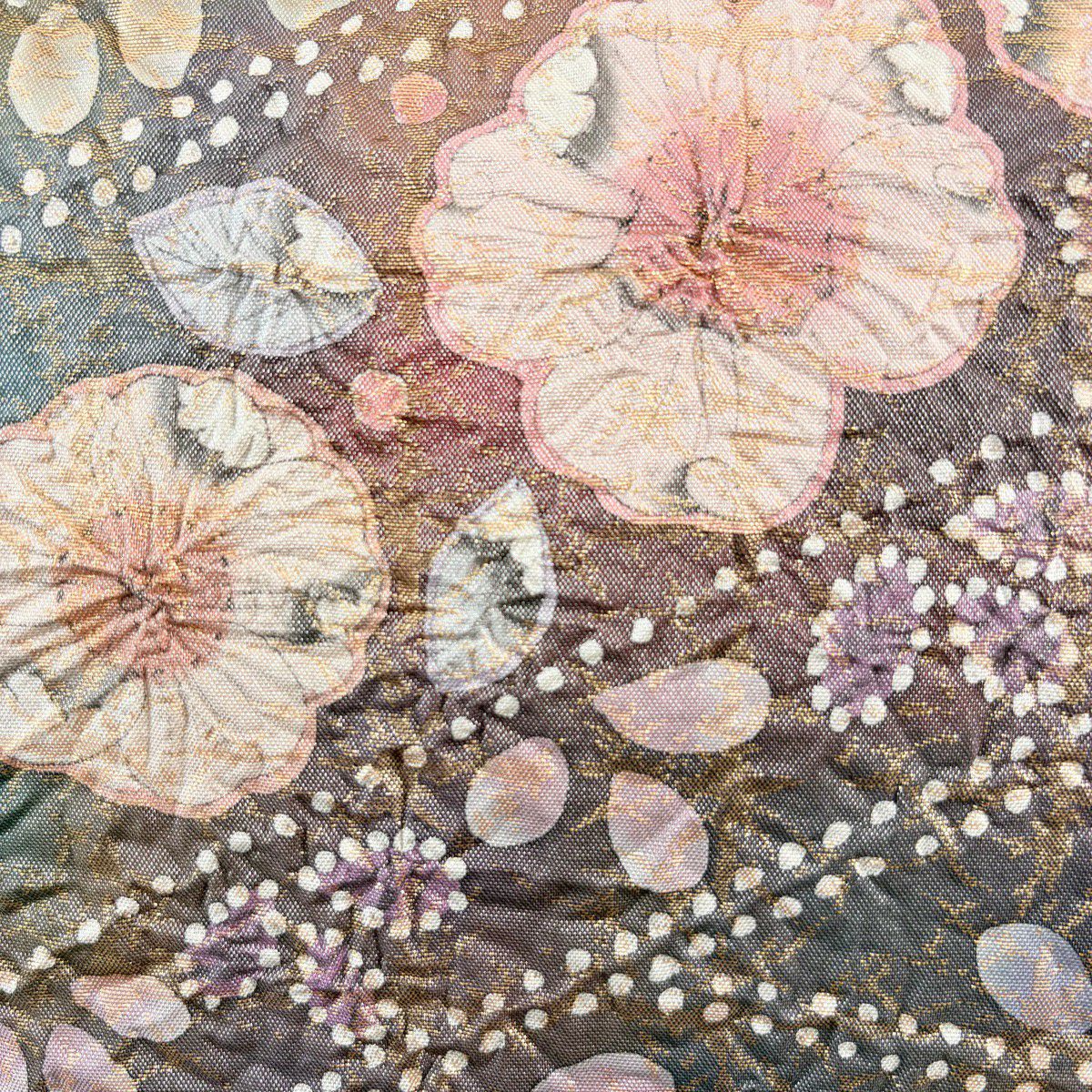 【美品】 袋帶 名品級 辻花染 格子 金金箔 紫 お太鼓柄 純蠶絲