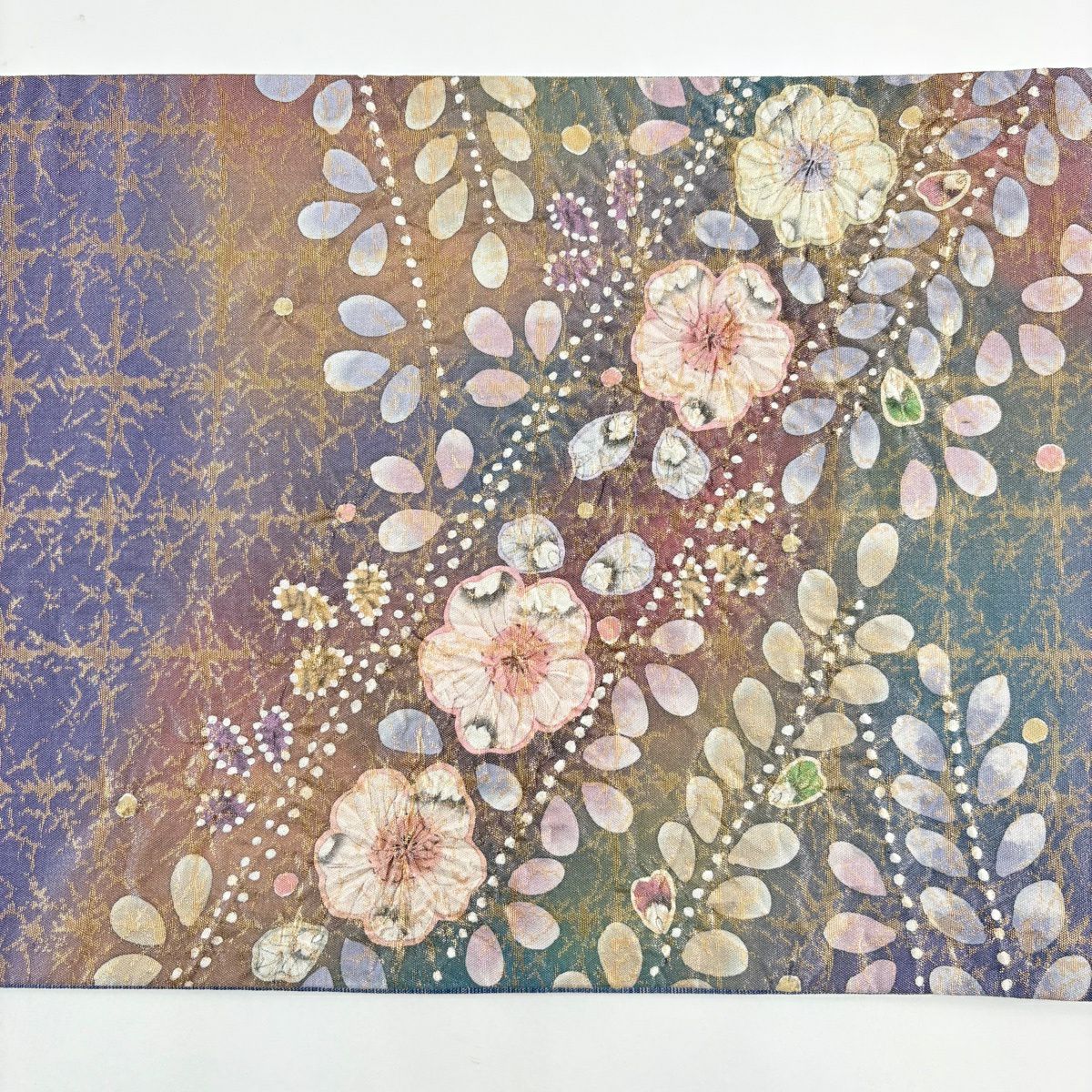 【美品】 袋帶 名品級 辻花染 格子 金金箔 紫 お太鼓柄 純蠶絲