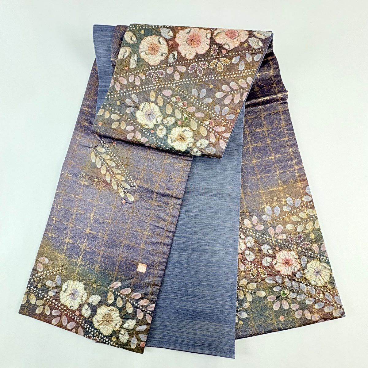 【美品】 袋帶 名品級 辻花染 格子 金金箔 紫 お太鼓柄 純蠶絲