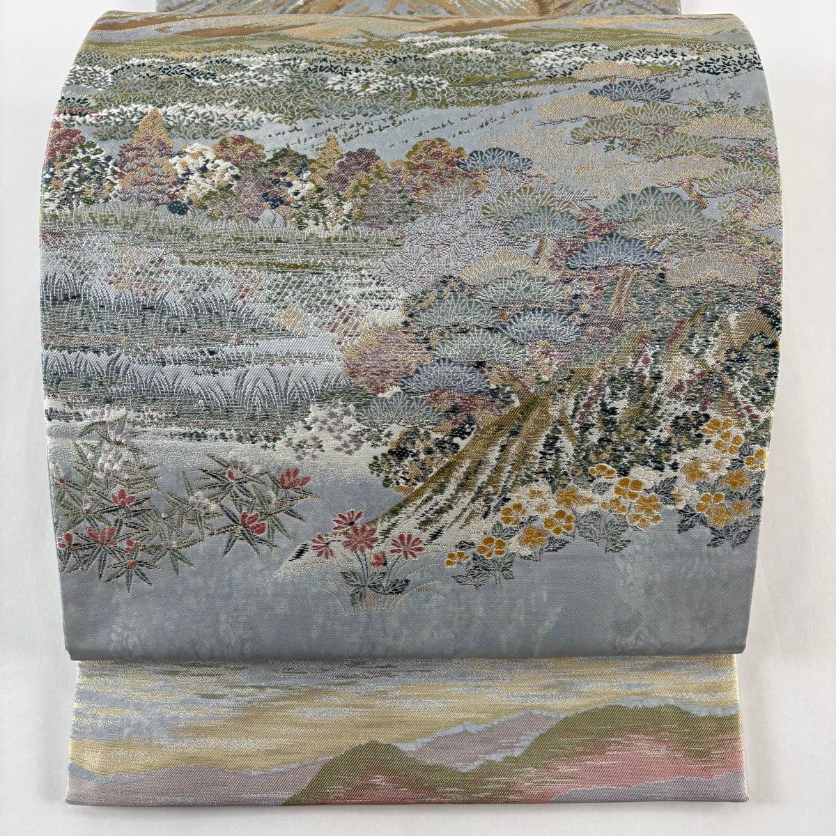 【美品】 袋帶 名品級 北之大地 山 樹木 金金箔 金絲 青灰 素材 正蠶絲