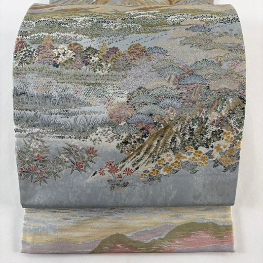 【美品】 袋帶 名品級 北之大地 山 樹木 金金箔 金絲 青灰 素材 正蠶絲