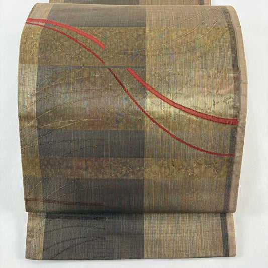 【美品】 袋帶 名品級 幾何學圖案 金金箔 茶 純蠶絲