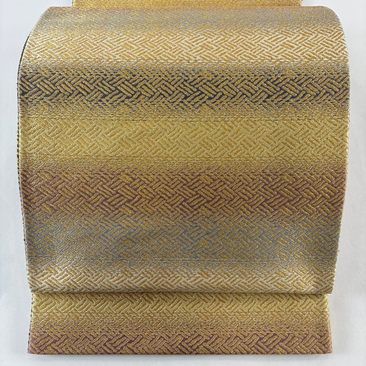 【美品】 袋帶 名品級 祥園 附落款 段紋 幾何圖案 金絲 米色 全通 純蠶絲