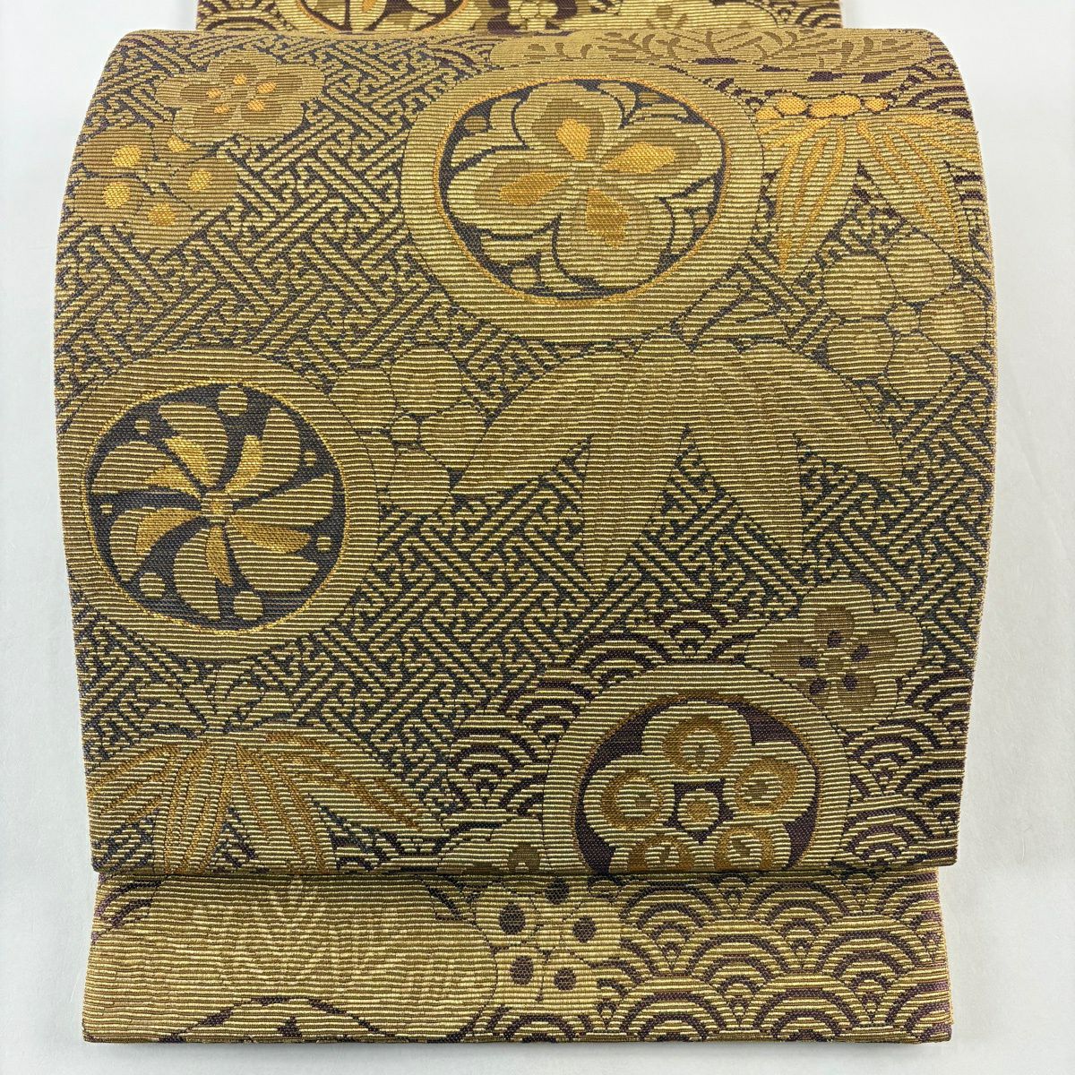【美品】 袋帶 名品級 松樹竹子梅花 紗綾型 金糸 金金箔 紫 六通 純蠶絲