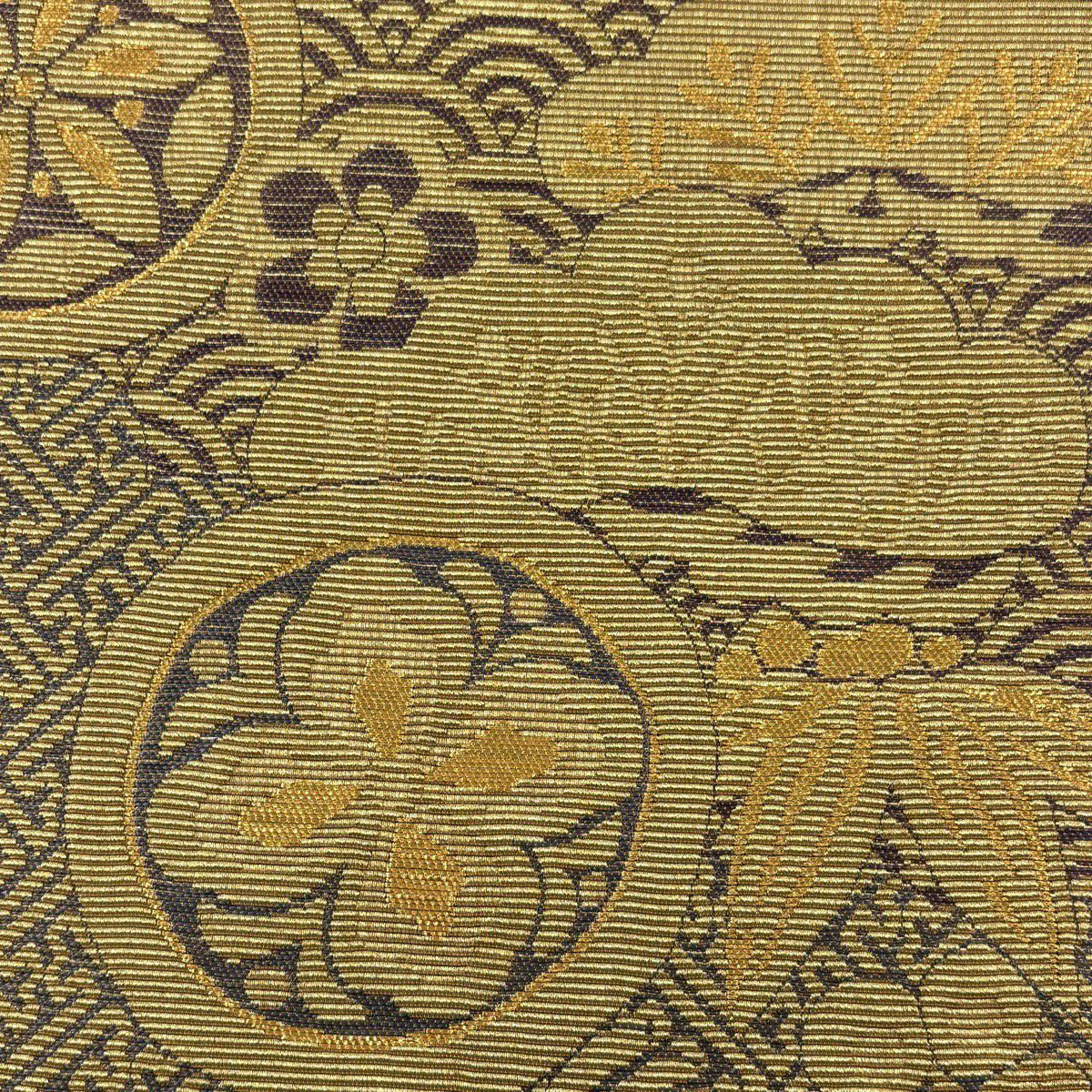 【美品】 袋帶 名品級 松樹竹子梅花 紗綾型 金糸 金金箔 紫 六通 純蠶絲