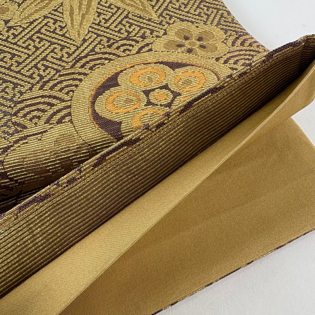 【美品】 袋帶 名品級 松樹竹子梅花 紗綾型 金糸 金金箔 紫 六通 純蠶絲