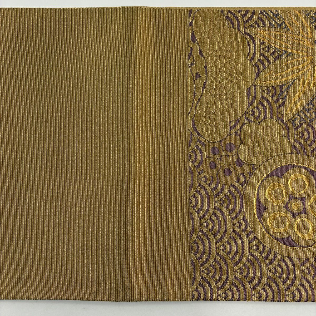 【美品】 袋帶 名品級 松樹竹子梅花 紗綾型 金糸 金金箔 紫 六通 純蠶絲