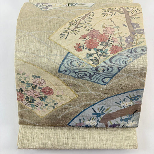 【美品】 袋帶 名品級 扇子面 草花紋 金銀彩 金 純蠶絲