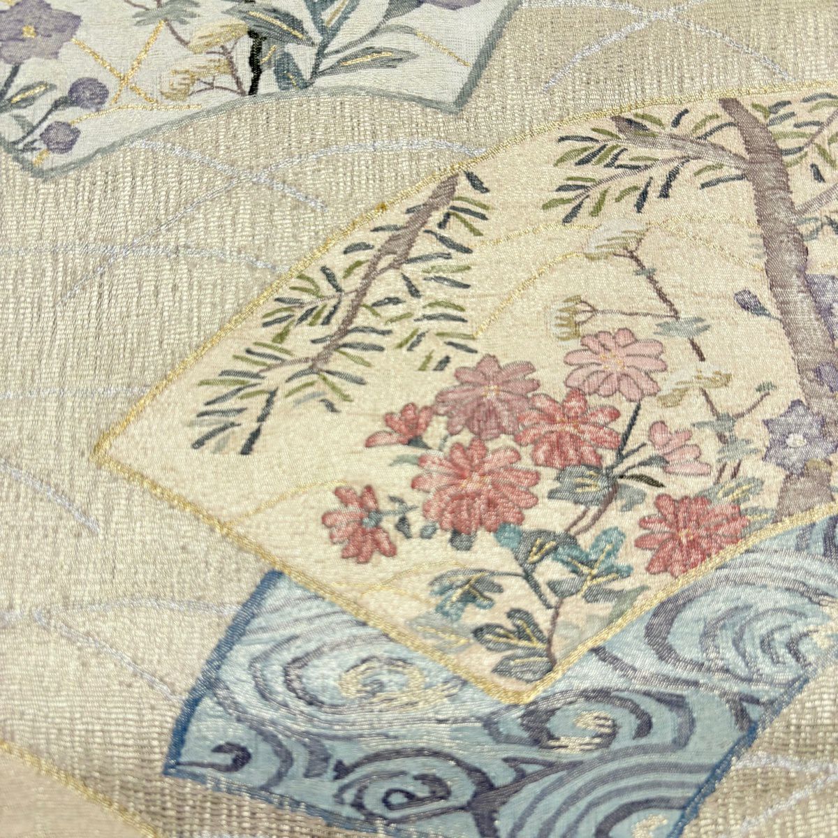 【美品】 袋帶 名品級 扇子面 草花紋 金銀彩 金 純蠶絲