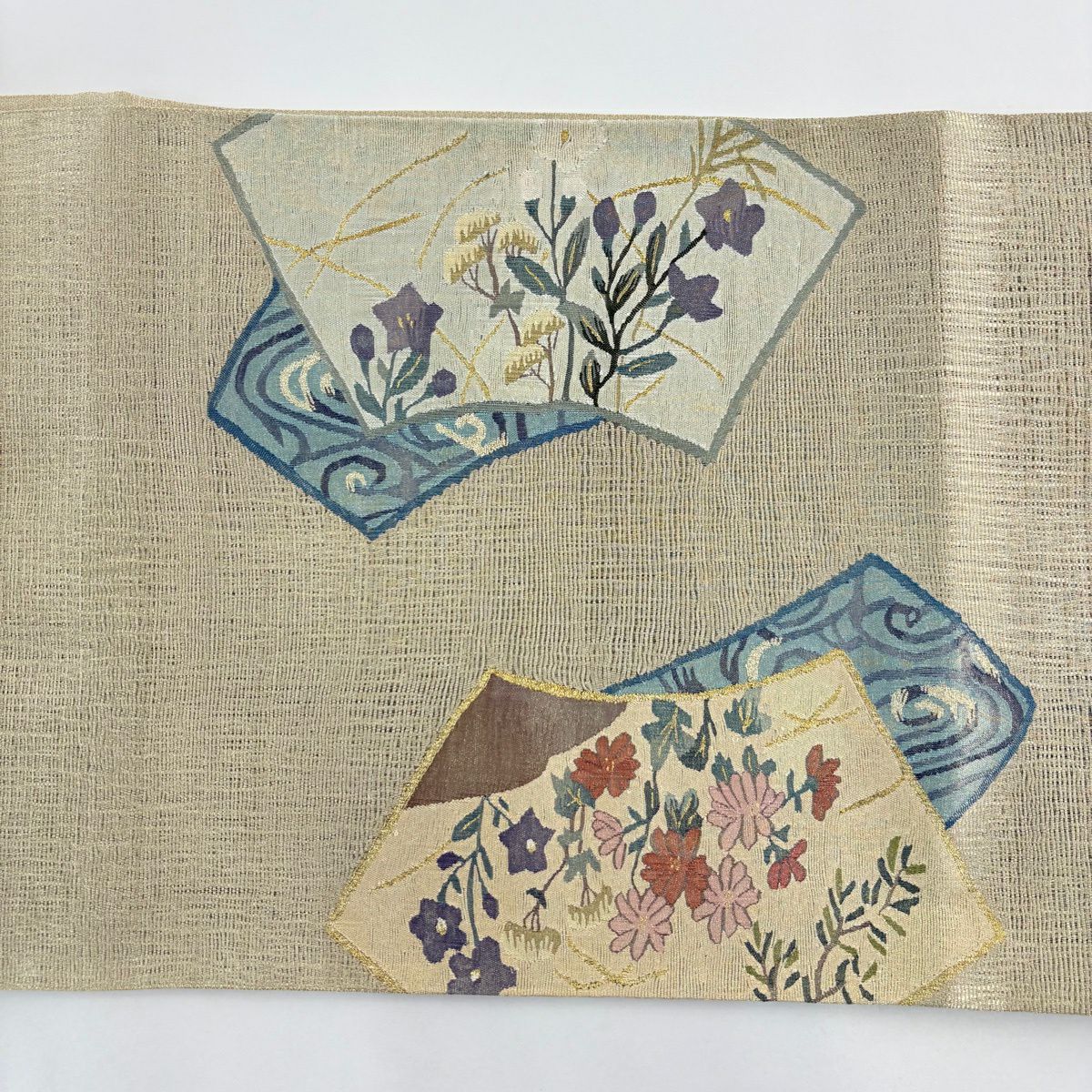 【美品】 袋帶 名品級 扇子面 草花紋 金銀彩 金 純蠶絲