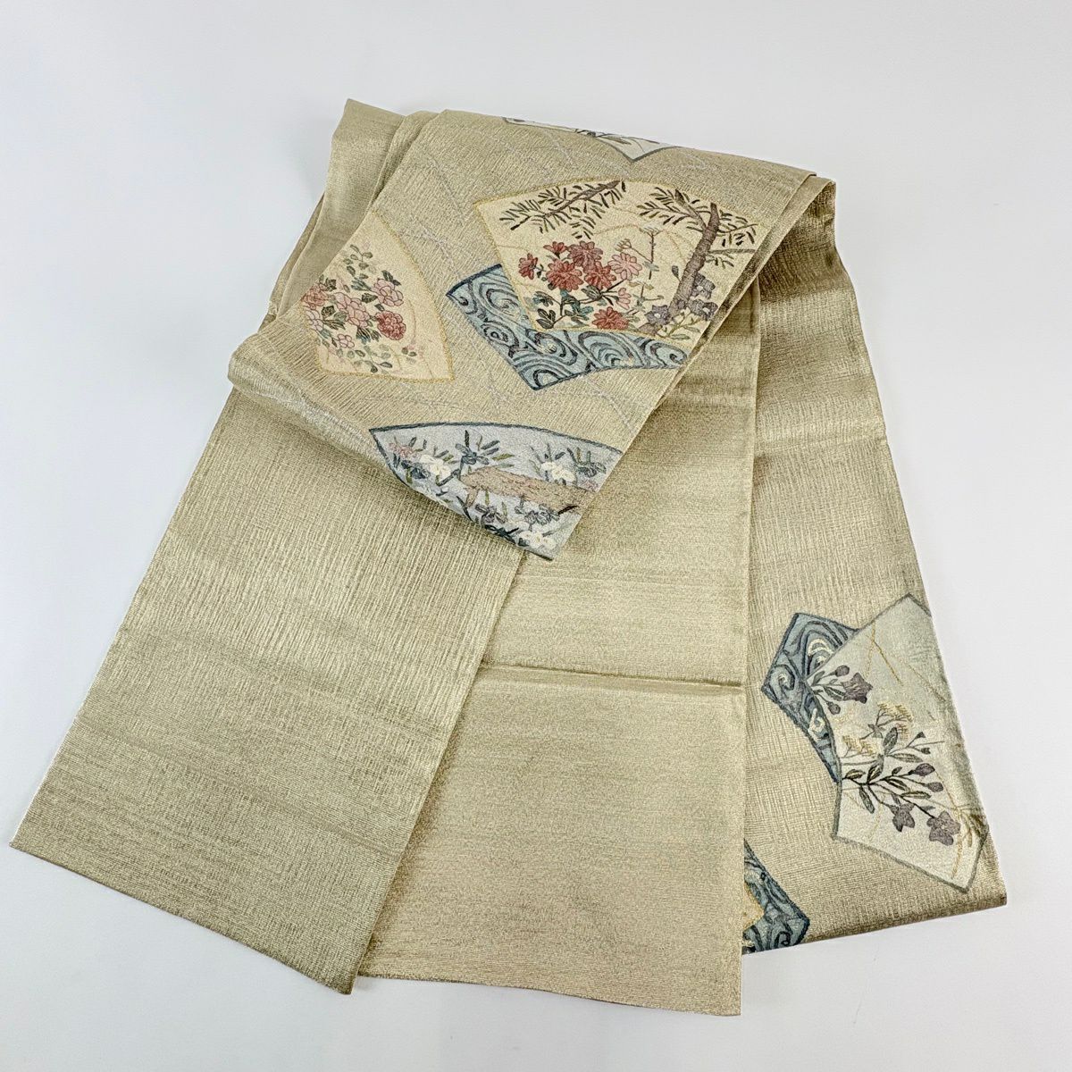 【美品】 袋帶 名品級 扇子面 草花紋 金銀彩 金 純蠶絲