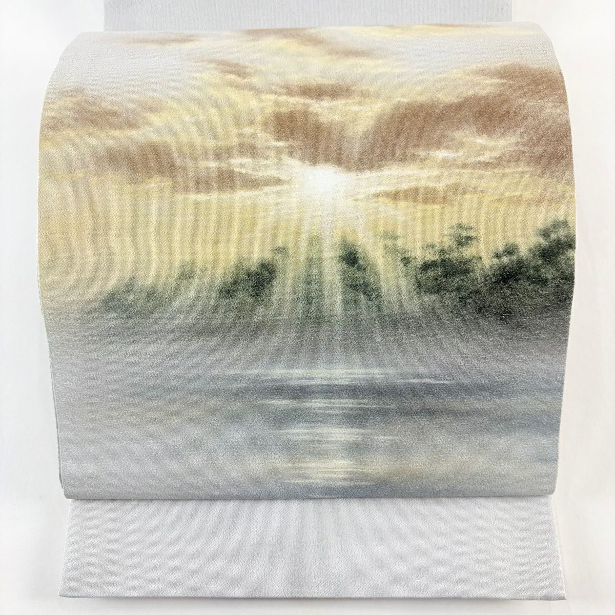 【美品】 袋帶 名品級 落款あり 風景 霞 銀糸 漸層 青灰 深藍色 正蠶絲