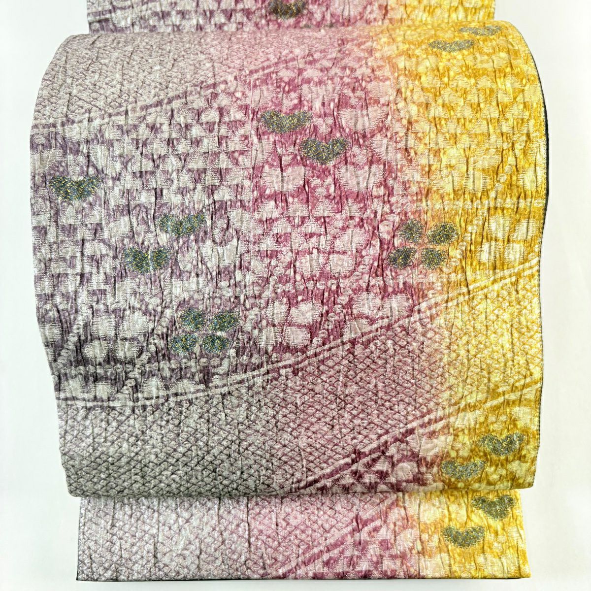【美品】 袋帶 名品級 花菱 鱗 金金箔 紅紫 全通 純蠶絲