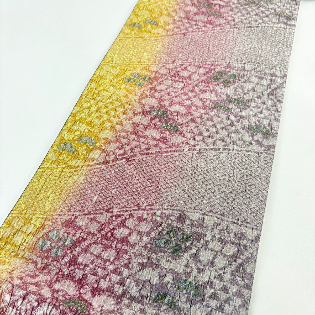 【美品】 袋帶 名品級 花菱 鱗 金金箔 紅紫 全通 純蠶絲