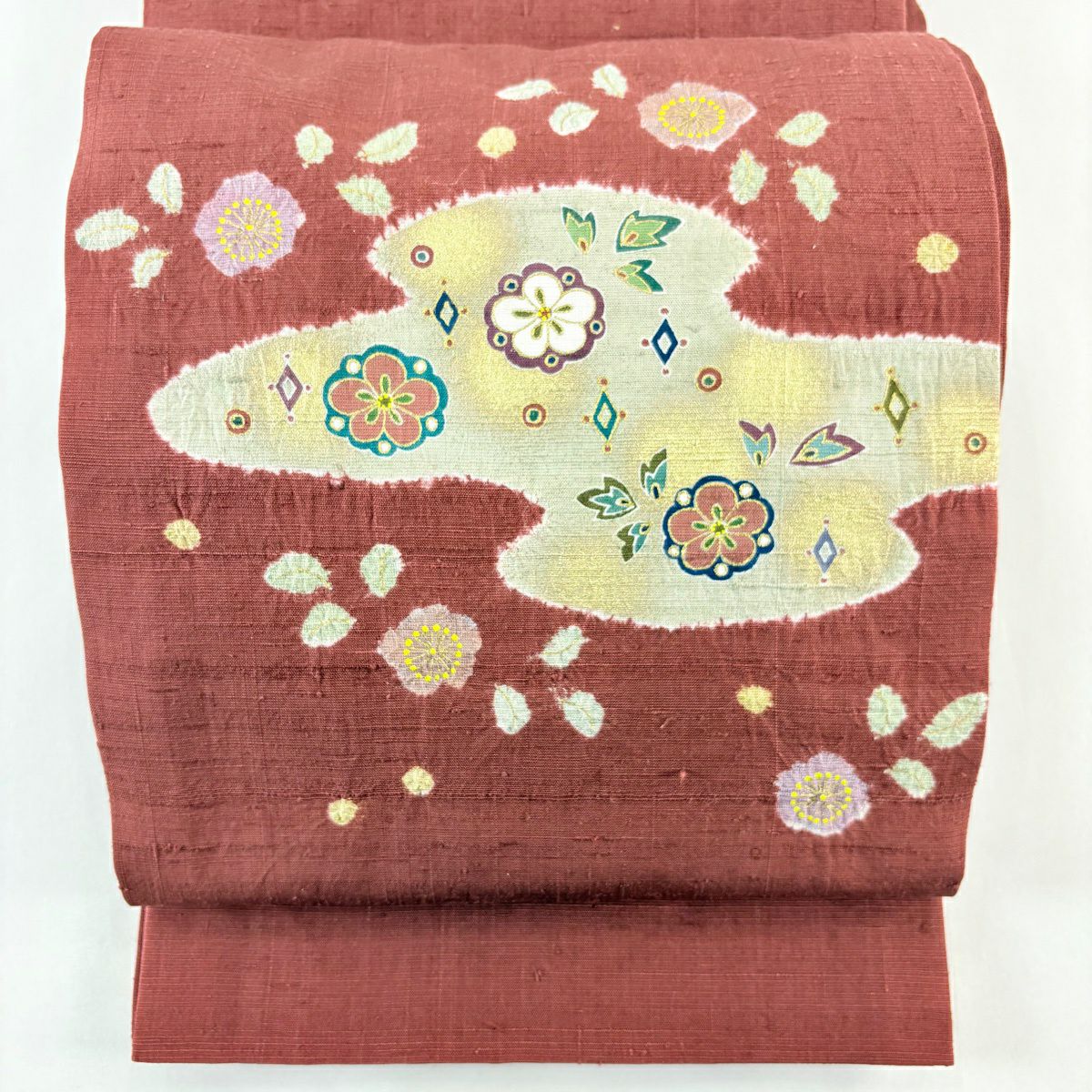 【美品】 袋帶 名品級 松樹井青青 落款あり 紬織織 梅花 霞 金銀彩 紅茶 お太鼓柄 純蠶絲