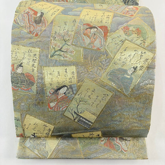 【美品】 袋帶 名品級 光琳卡片 人物 金金箔 金絲 淺綠 全通 純蠶絲