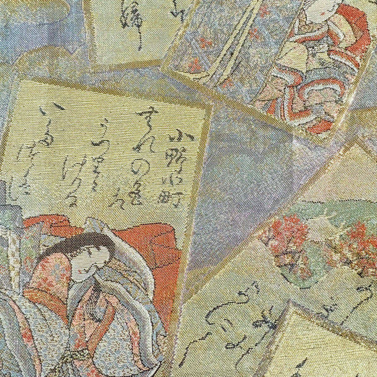 【美品】 袋帶 名品級 光琳卡片 人物 金金箔 金絲 淺綠 全通 純蠶絲