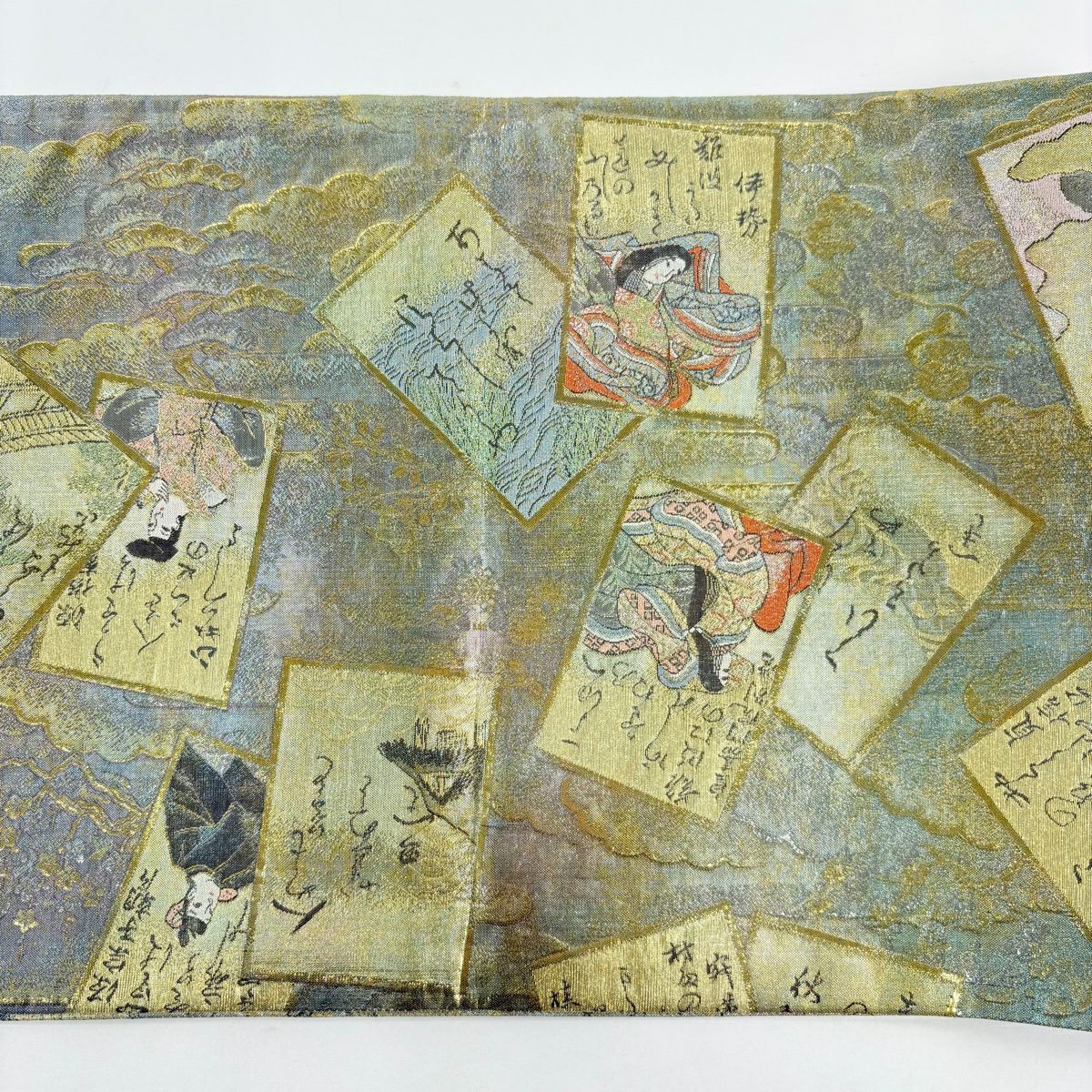 【美品】 袋帶 名品級 光琳卡片 人物 金金箔 金絲 淺綠 全通 純蠶絲