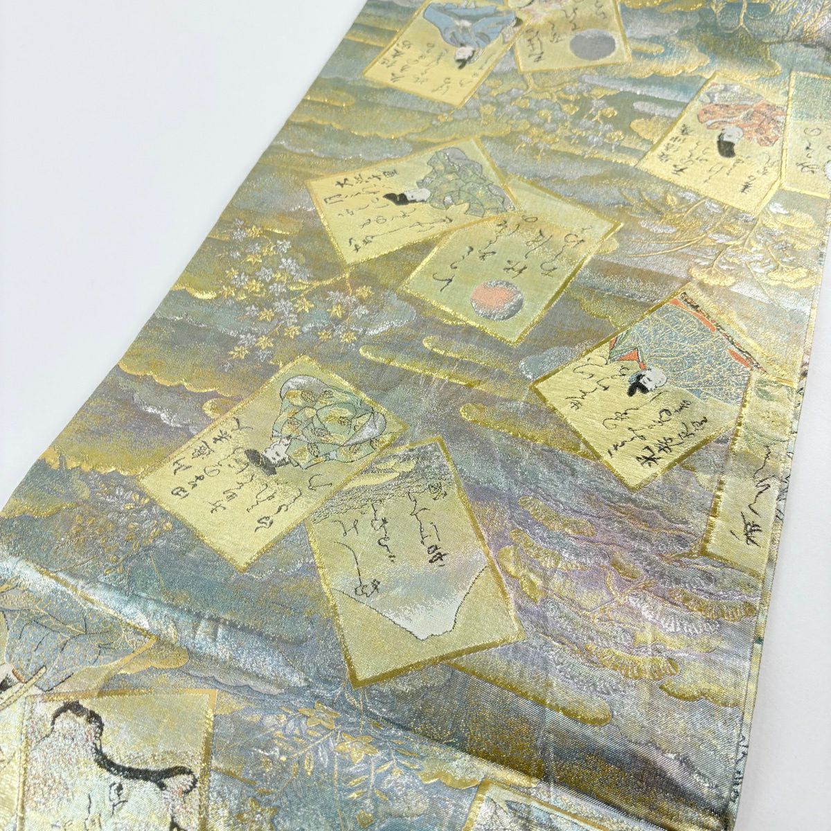 【美品】 袋帶 名品級 光琳卡片 人物 金金箔 金絲 淺綠 全通 純蠶絲