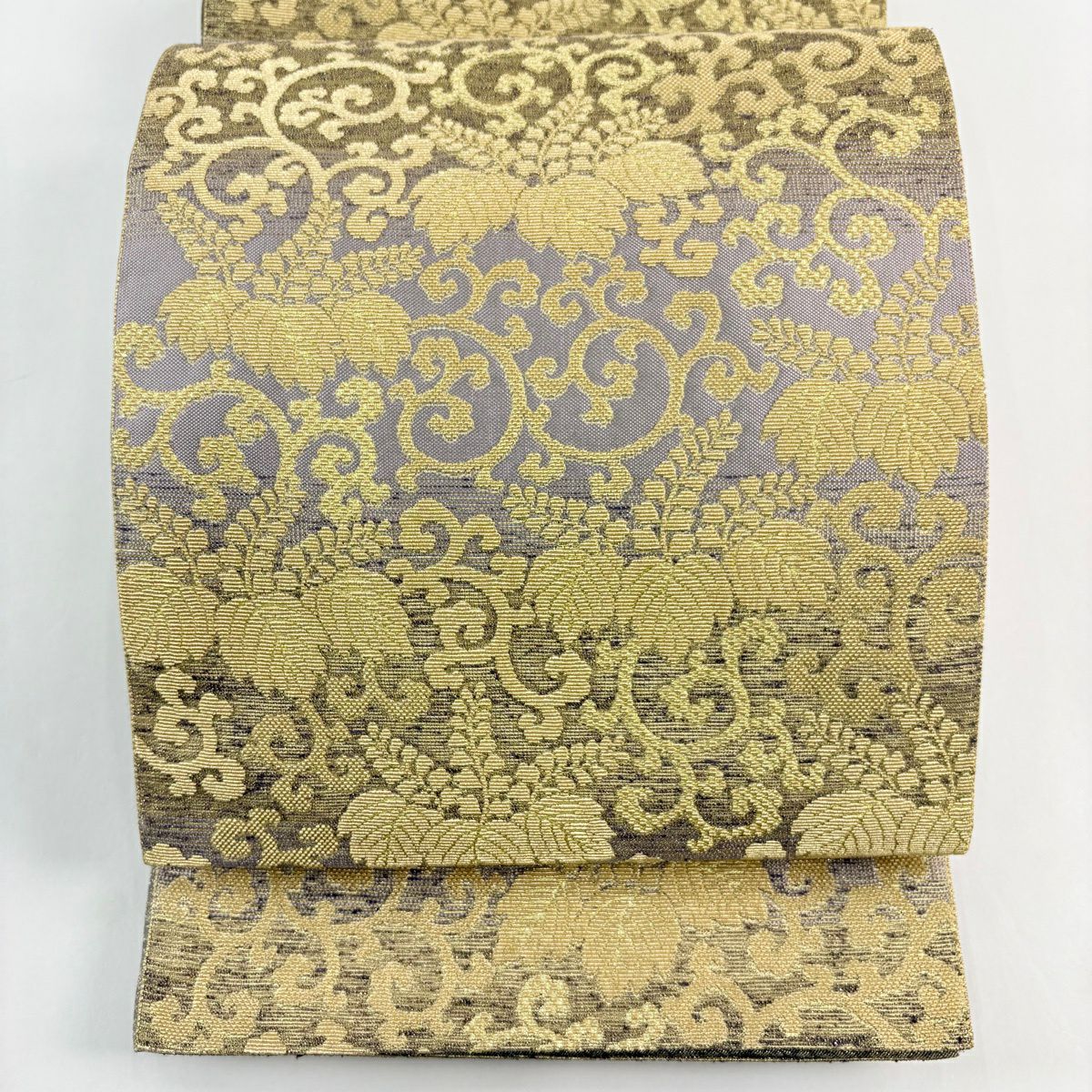 【美品】 袋帶 名品級 桐 唐草紋 金糸 金金箔 灰紫 六通 純蠶絲