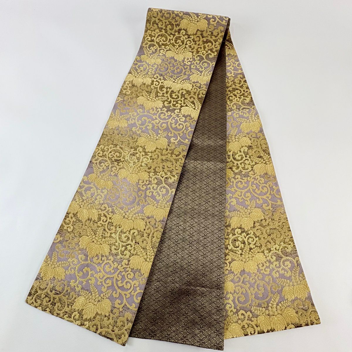 【美品】 袋帶 名品級 桐 唐草紋 金糸 金金箔 灰紫 六通 純蠶絲