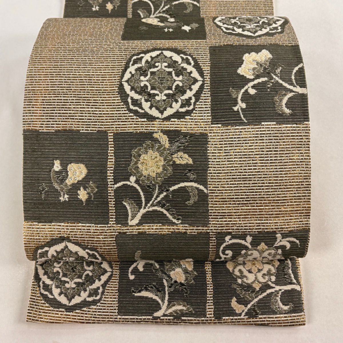 【美品】 袋帶 秀品級 華紋 花鳥 金金箔 刺繡 金 六通 純蠶絲