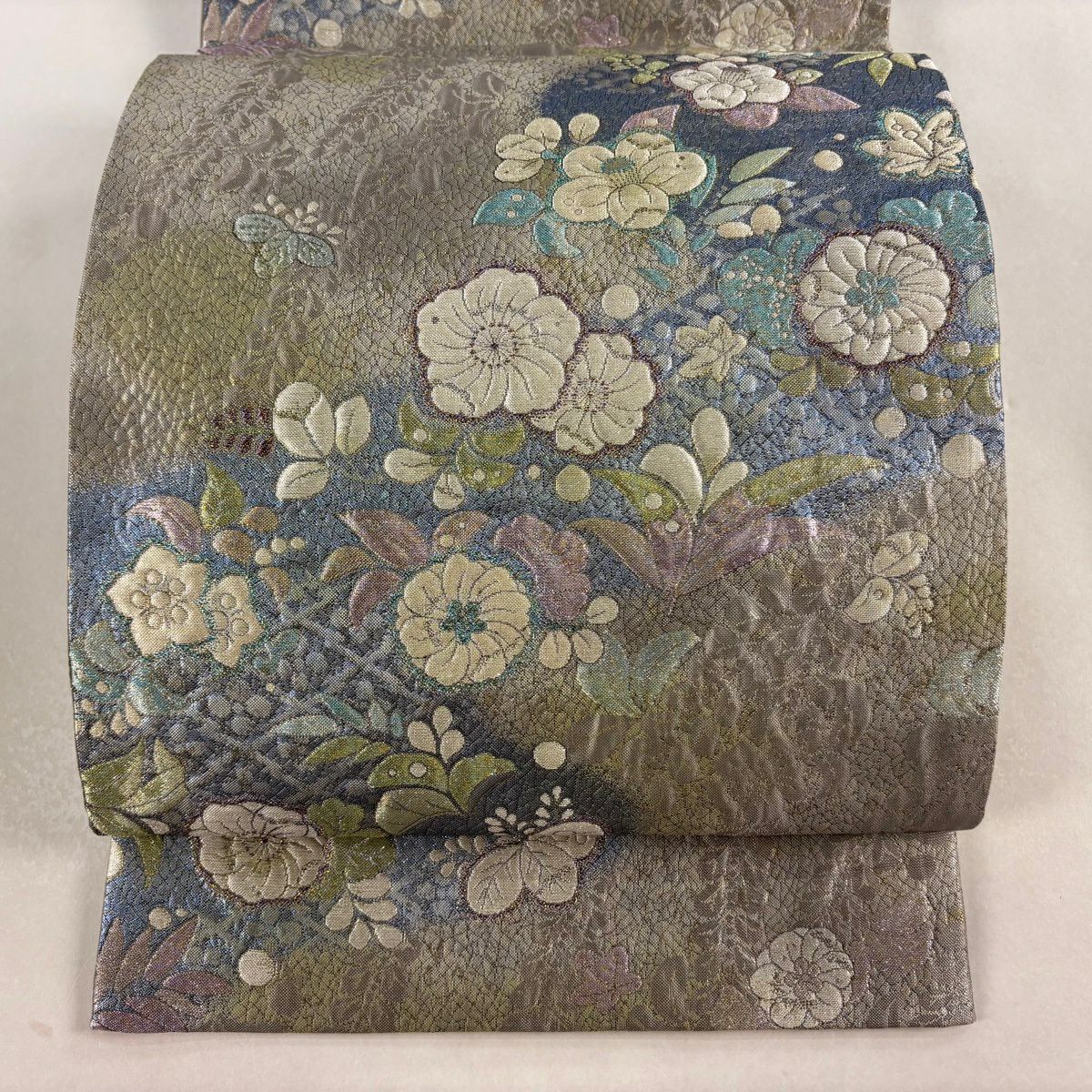 【美品】 袋帶 秀品級 大和 辻花染 金絲 金金箔 灰色 六通 純蠶絲