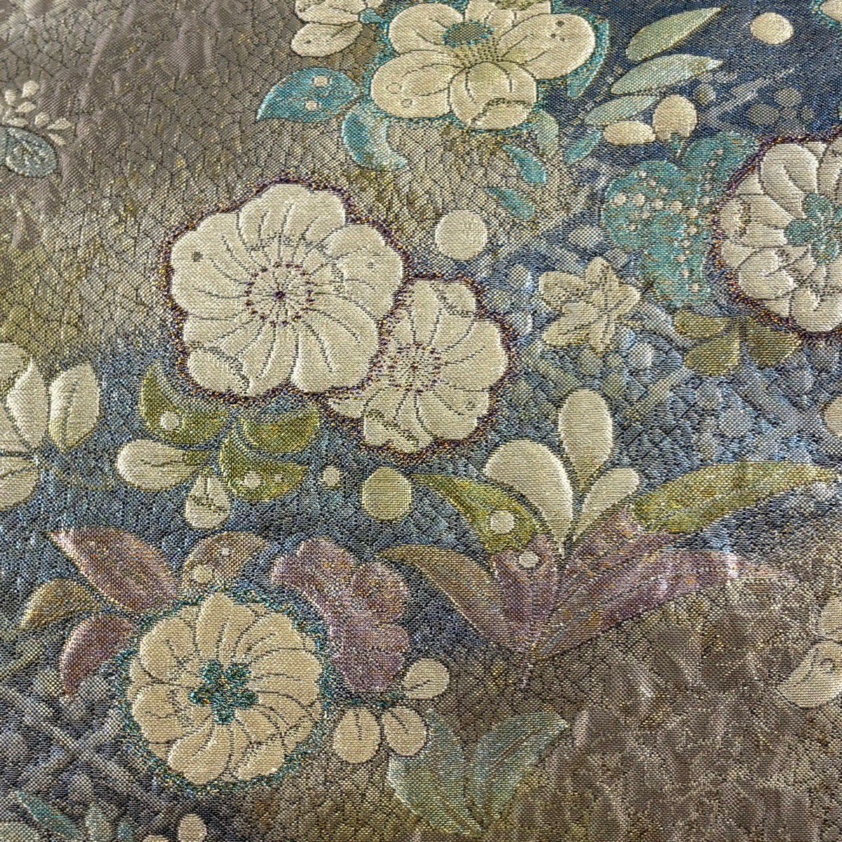 【美品】 袋帶 秀品級 大和 辻花染 金絲 金金箔 灰色 六通 純蠶絲