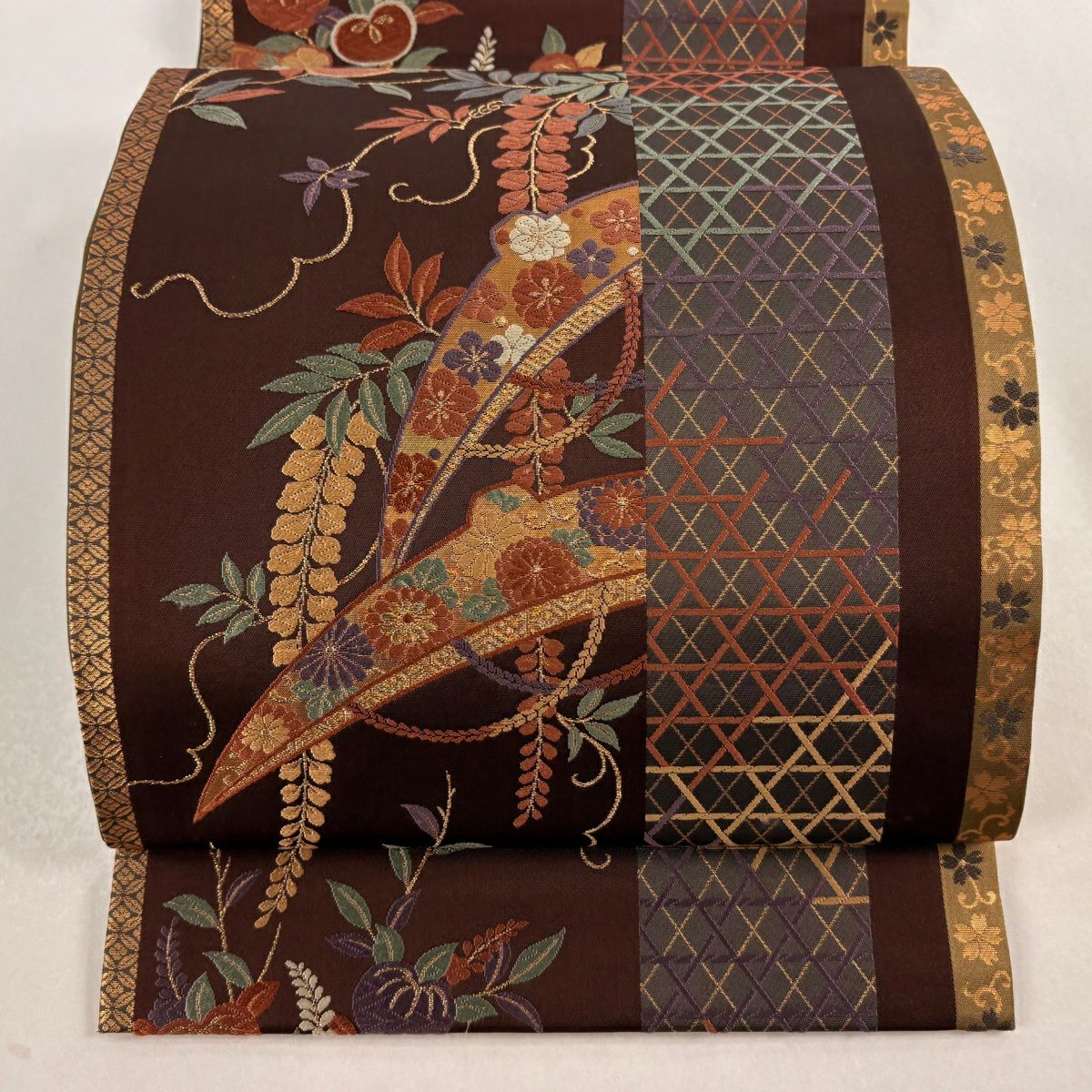 【美品】 袋帶 秀品級 笠 草花紋刺繡 金線 茶紫 六通 純蠶絲