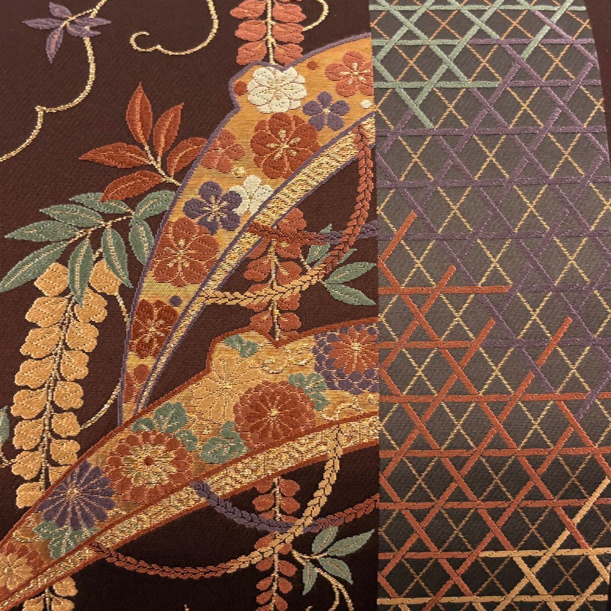 【美品】 袋帶 秀品級 笠 草花紋刺繡 金線 茶紫 六通 純蠶絲