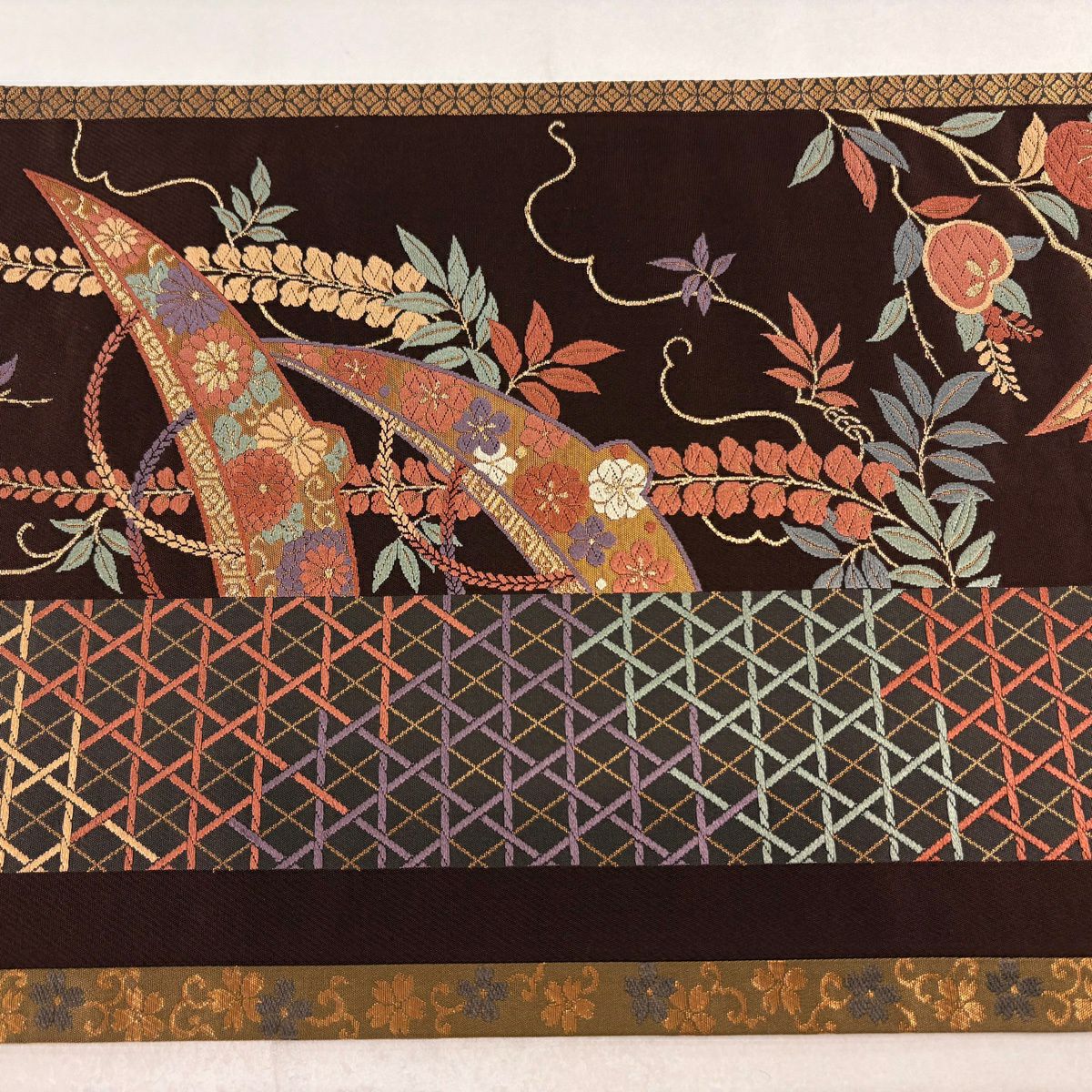 【美品】 袋帶 秀品級 笠 草花紋刺繡 金線 茶紫 六通 純蠶絲