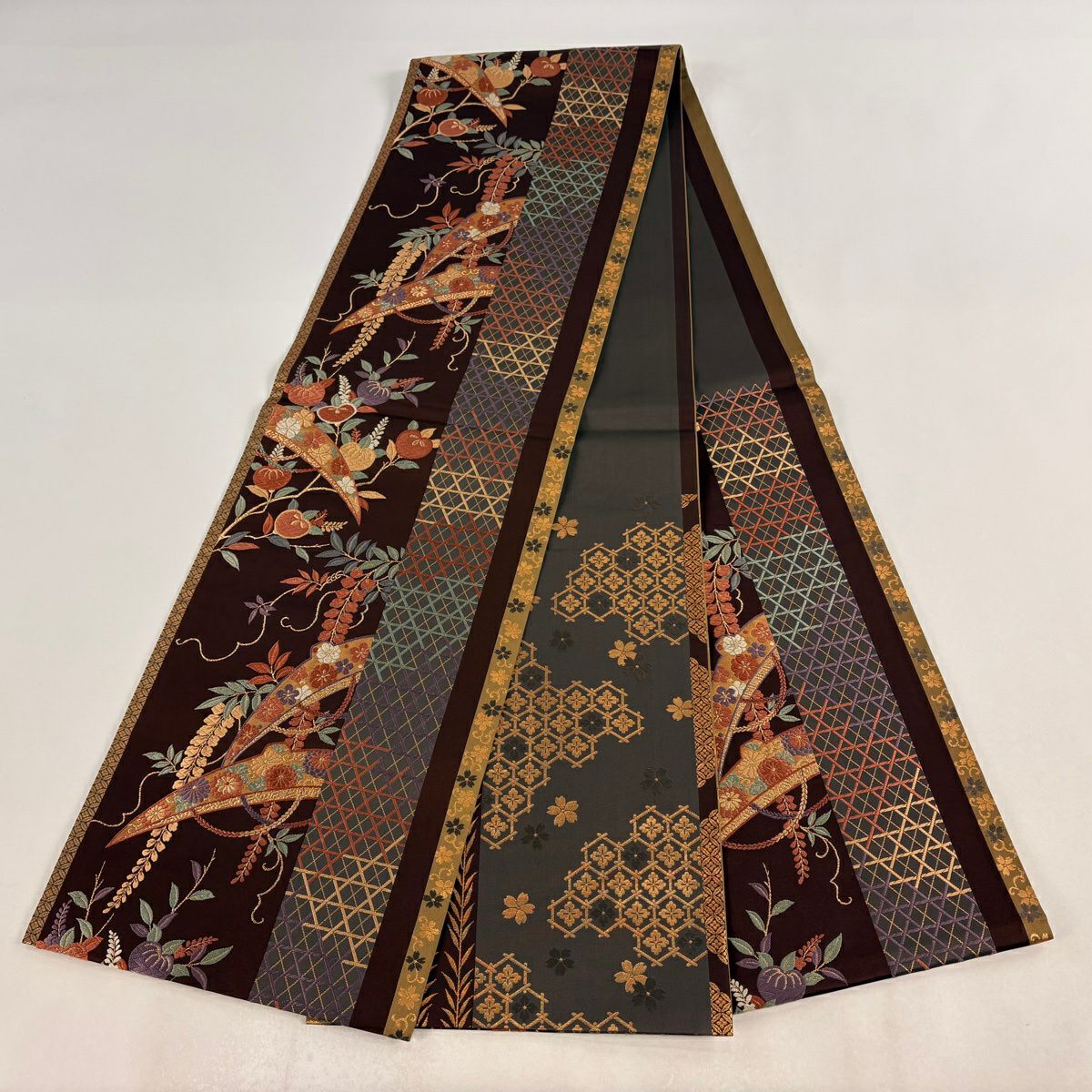 【美品】 袋帶 秀品級 笠 草花紋刺繡 金線 茶紫 六通 純蠶絲