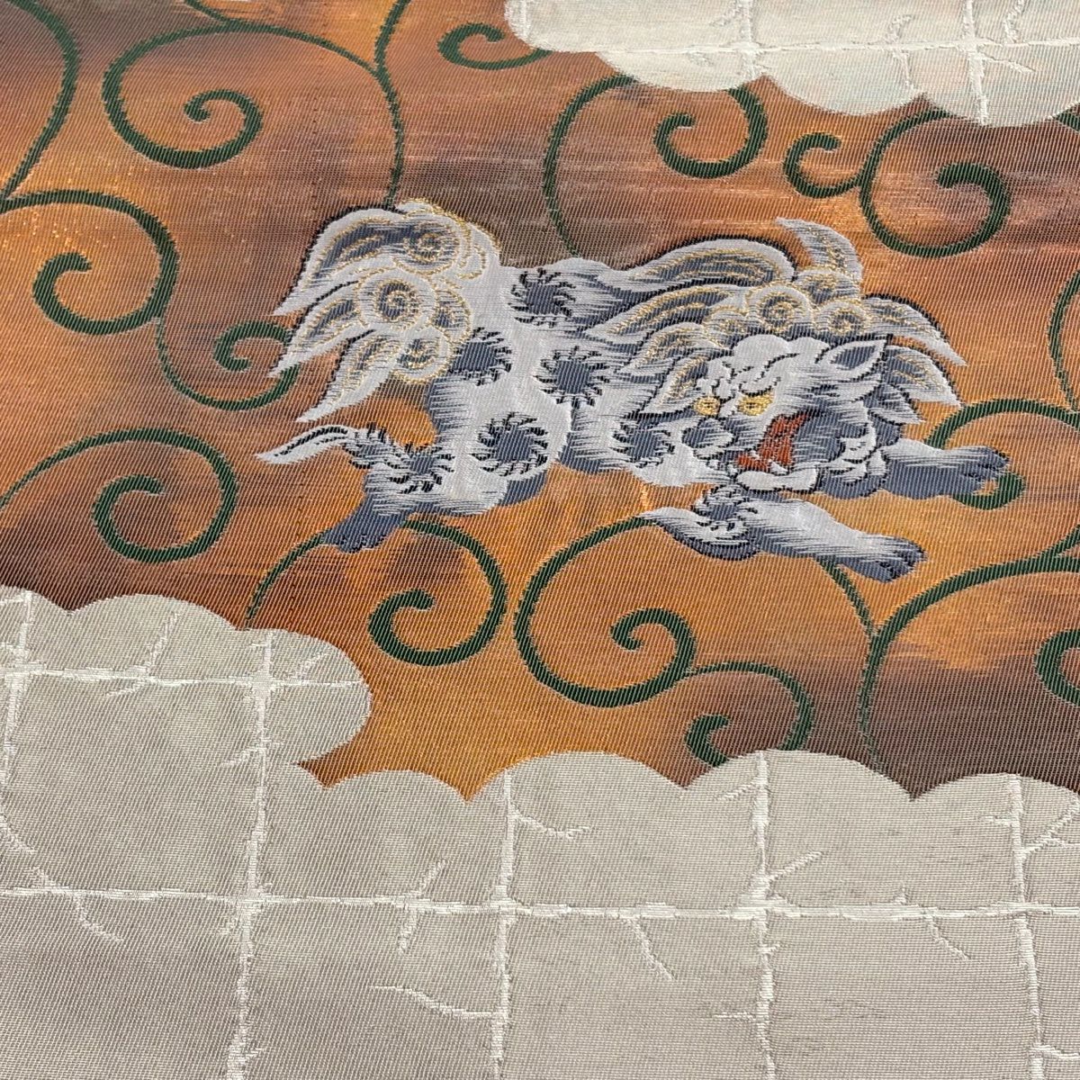 袋帶 秀品級 關西仕立 雙層 獅子 唐草紋 金銀彩 金金箔 銀色 六通 純蠶絲