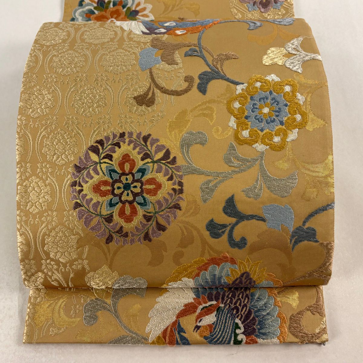 袋帶 秀品級 鳳凰 華紋 刺繡 金金箔 淺茶 六通 純蠶絲
