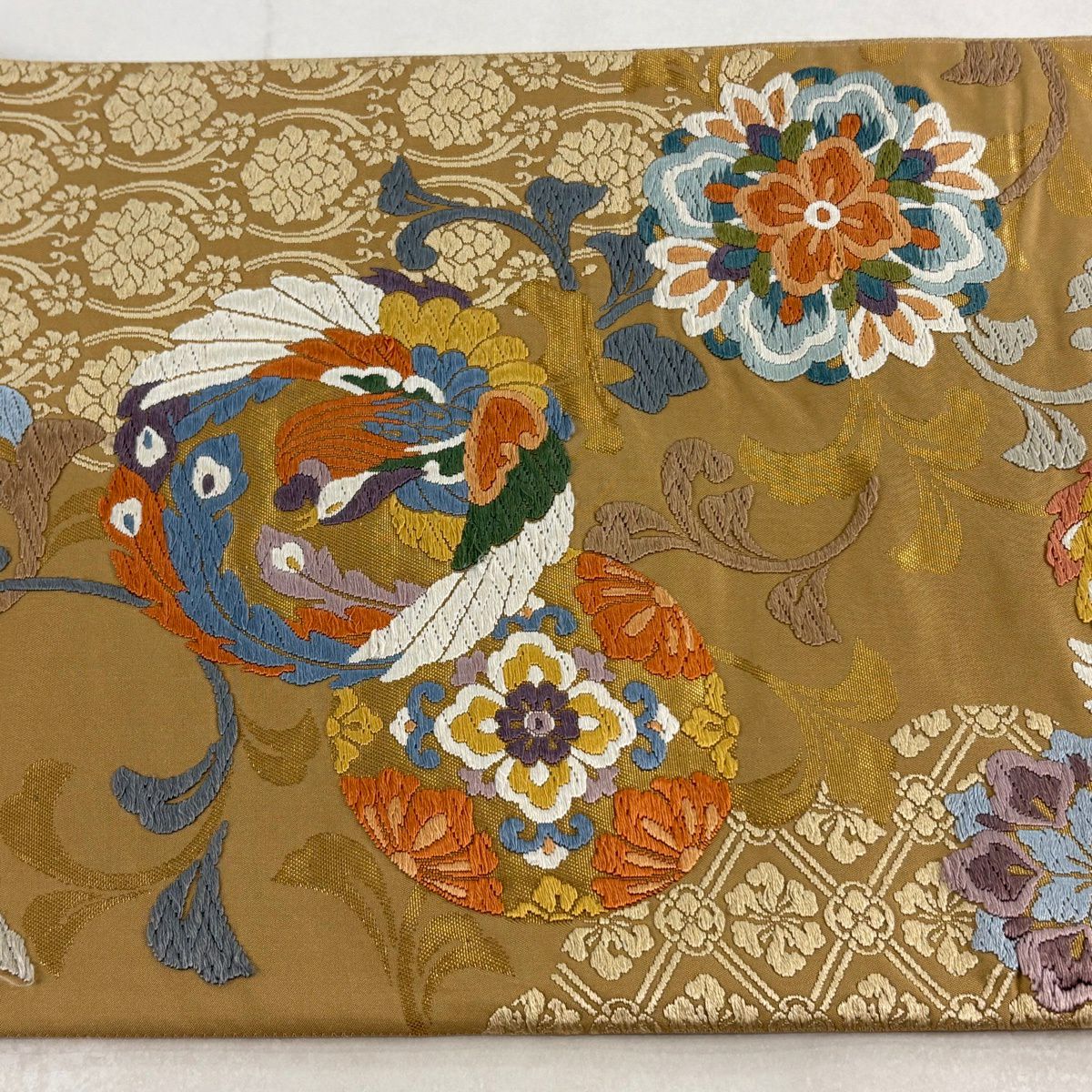 袋帶 秀品級 鳳凰 華紋 刺繡 金金箔 淺茶 六通 純蠶絲
