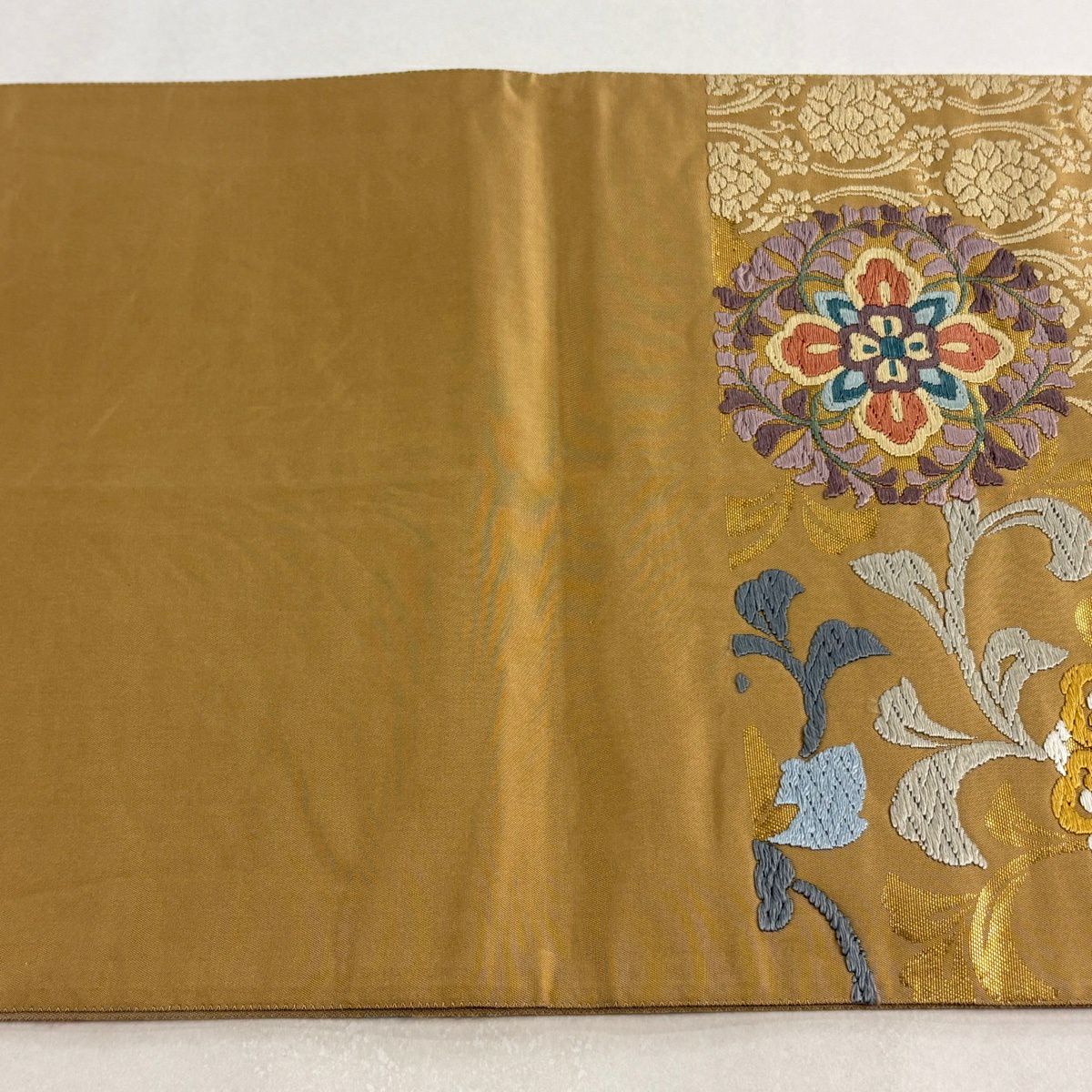 袋帶 秀品級 鳳凰 華紋 刺繡 金金箔 淺茶 六通 純蠶絲