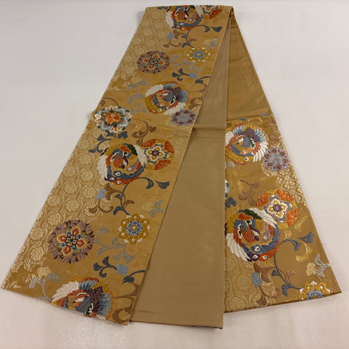 袋帶 秀品級 鳳凰 華紋 刺繡 金金箔 淺茶 六通 純蠶絲